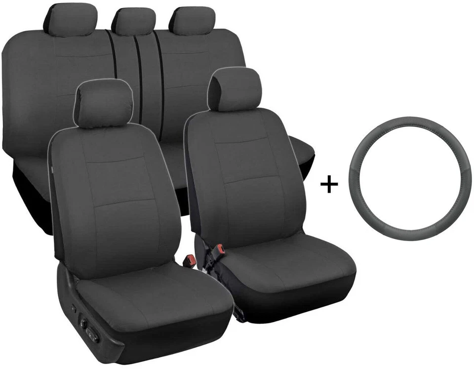 Fundas de asiento de coche delanteras/traseras + cubierta de volante de cuero de microfibra gris Foto 1 de 4