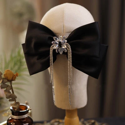Clip de pelo negro satinado moño cuentas de cristal flecos moño pasador prendas para la cabeza tiara Foto 1 de 4