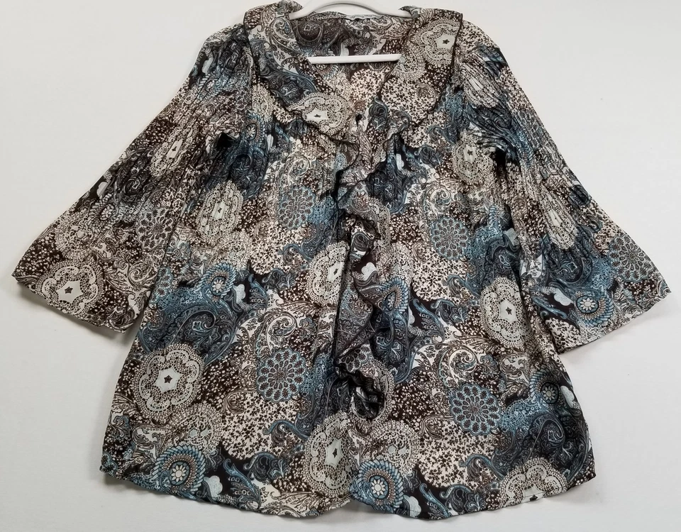Blusa túnica Larry Levine para mujer 1X Plus floral cachemira manga 3/4 abotonada Foto 1 de 4