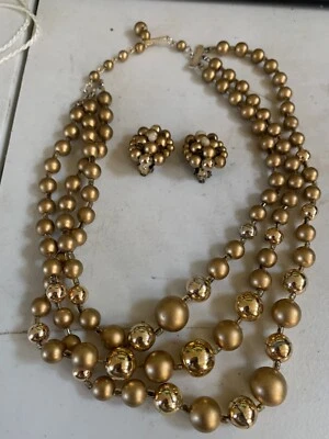 Conjunto de collar y pendiente de clip de 3 hilos con cuentas antiguas MUESTRA DESGASTE Foto 1 de 4
