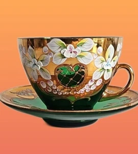 Murano Venezia Italian Green Glass Teacup and Saucer, Enamel Flowers & Gold... - Picture 1 of 9