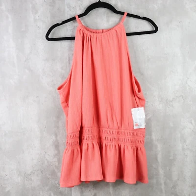 Nine West Top Womens XL Coral Cruz Halter Neck Peplum Smocked Crinkle Texture - Image 1 of 4