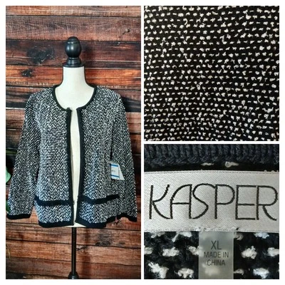 Kasper Sweater Size XL Knit Cardigan Blazer Jacket Black Vanilla Ice Fringe NWT - Image 1 of 4