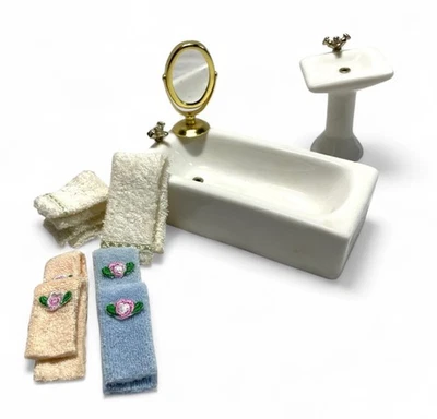 Victorian Dollhouse Bathroom Set Tub Sink Vanity Mirror Towels 1:12 Washroom - Image 1 of 3