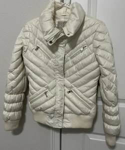 GUESS Women's XS Quilted Puffer Ivory Zip Front Stand Collar Bomber Coat Jacket - Picture 1 of 3