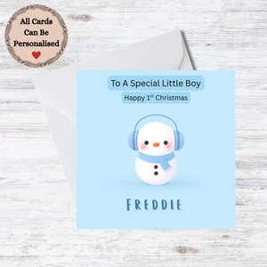 Personalised 1st Christmas Card - Cute Snowman Boy - Customisable Name - Picture 1 of 3
