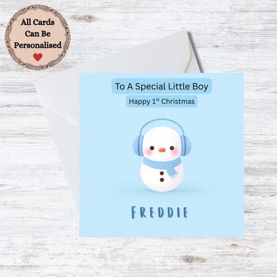 Personalised 1st Christmas Card - Cute Snowman Boy - Customisable Name - Image 1 of 3