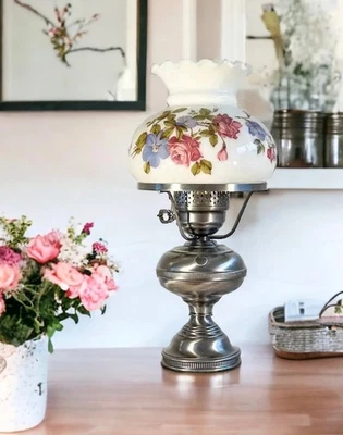 Vintage Brass and Milk Glass Floral Shade Electric Lamp - Image 1 of 4