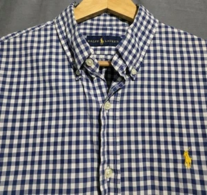 Camisa Polo Ralph Lauren Para Hombre L Azul/Blanco Cuadros Guinga Amarillo Poni Manga Larga - Imagen 1 de 4