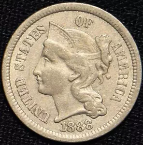 1888 Three Cent Nickel; XF-AU; Mintage 36,501; Scarce! - Picture 1 of 2