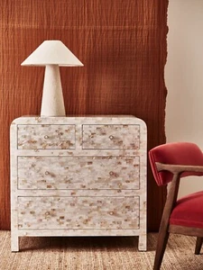 Chest Of Drawers- Mother Of Pearl Inlay Wooden Pattern Home Décor Furniture - Picture 1 of 9