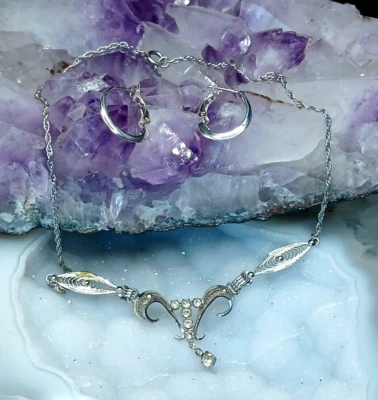 Sterling Silver Filigree Necklace and SS Earrings. Beautiful Set! - Imagem 1 de 4