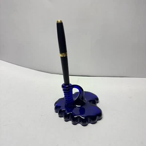 HANDBLOWN ART GLASS PEN HOLDER COBALT BLUE HEART PULLED SWIRL PAPERWEIGHT NO PEN - Picture 1 of 8