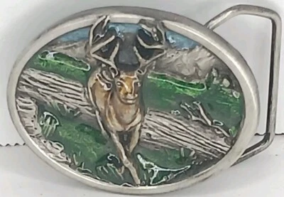 复古 1984 年皮带扣佛手柑黄铜作品锡制巴克鹿狩猎自然场景 — 第 1/4 张图片