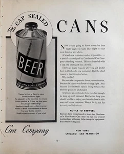 Continental's 1935 lata sellada con tapa "Use cualquier abrebotellas" anuncio impreso original - Imagen 1 de 1