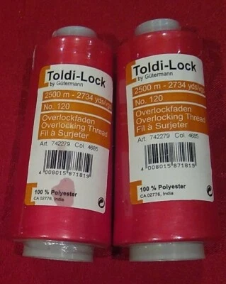 2 Guttermann Toldi Lock Premium 100% Polyester Overlock Thread RED 2734 Yds ea. - Image 1 of 2