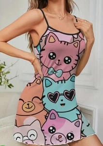Cute Colorful Big Face Kitty Cats Soft Stretch Knit Chemise Nightgown Sz XL - Picture 1 of 8