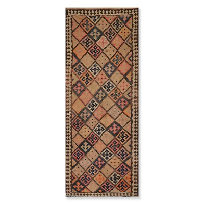 5'2" x 12'9" Vintage Hand Woven Southwestern Kilim 100% Wool Area Rug Brown - Image 1 of 4