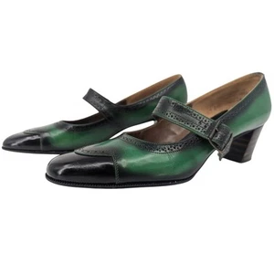 Vintage Mary Jane Heels von Paradise Kitten Größe 7AAA 60er Jahre grün schwarz Schnalle - Bild 1 von 8