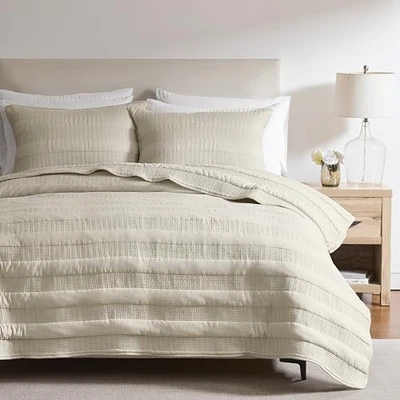 Striped California Cal King Size Quilt Set, Oversized California King Beige - Image 1 of 4