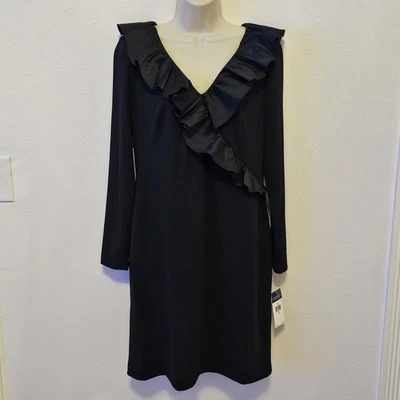 Lauren Ralph Lauren Black Ruffled Dress Sz 10 Neck Faux Wrap Crepe Knit Sheath - Image 1 of 4