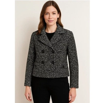 Blazer Talbots Negro Blanco Tweed Lana Mezcla Alpaca Recortado Doble Pecho 8P Foto 1 de 4