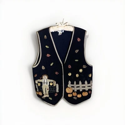 Paul Harris Pumpkin Scarecrow Embroidered Halloween Pumpkin Cotton Vest Fall XL - Image 1 of 4