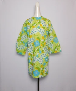 Vintage Women's Retro 1960s Lime Green Floral Cotton Blend Shift Dress 15/16 - Picture 1 of 11
