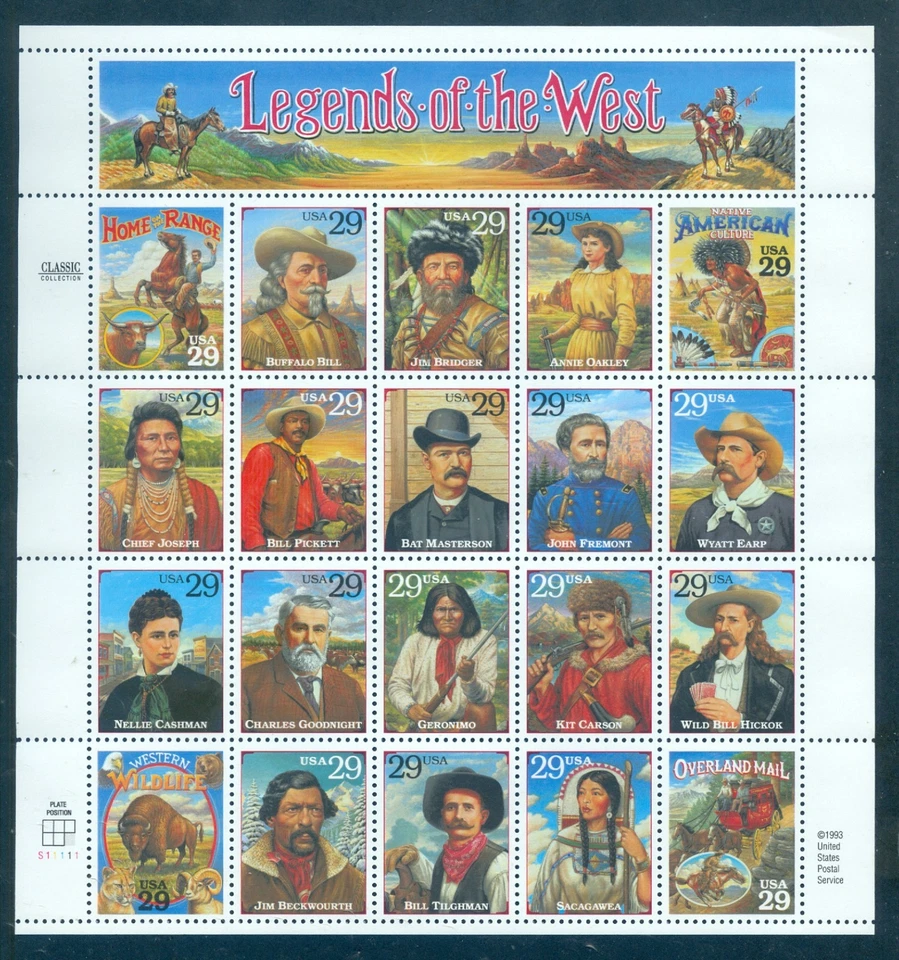 US  2870 Legends of the West, Recalled, Complete Sheet/20, Mint NH - Image 1 of 1