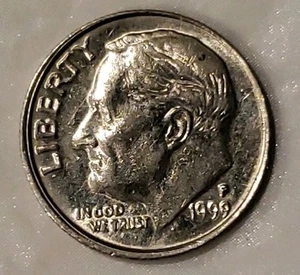 1999 P Rosevelt Dime, ERROR - OBV/REV - Off Center Rim - Picture 1 of 10