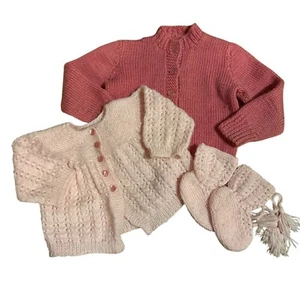 Handmade Baby Cardigan Set Pink & Peach Knit Cardigans With Booties For Infants - Picture 1 of 11
