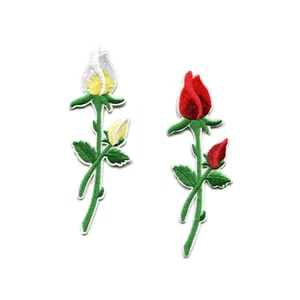 Rose Stem Red & White Flower Floral Embroidered Iron On Patch DIY Applique - Picture 1 of 4