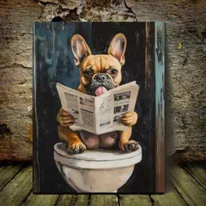 modern french bulldog sitting on the toilet Wall Art Canvas Unframed/Framed - Picture 1 of 7
