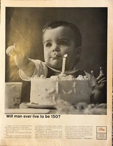 1963 Eli Lilly Medizin DRUCKWERBUNG Baby Geburtstagstorte Vintage 60er Will Man Live To 150 - Bild 1 von 5