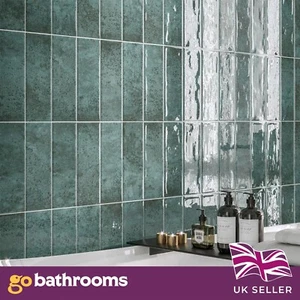 Jaelyn Green Mottled Rectangle Brick Gloss Porcelain Wall Tile | 100x300mm - Picture 1 of 4