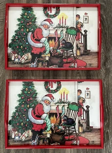 Vintage Christmas Serving Snack Tray Red Wood w/ Handles Santa Toys Wim Lot of 2 - Picture 1 of 13