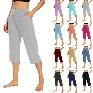 Women Elastic High Waist 3/4 Pant Casual Active Fit Wide Capris Leg Pants - Picture 1 of 51