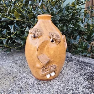 Handmade Pottery Golden Glazed Face Jug Folk Art Billy Joe Craven | 8" x 5" - Picture 1 of 7