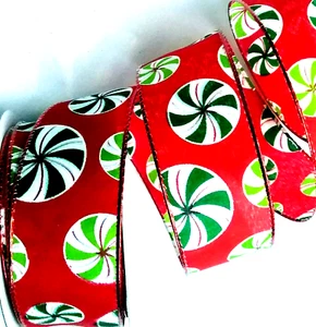Christmas Candy 1.5" by 5 yd Green Red Lime Wired Ribbon Glittered Peppermints - Picture 1 of 5