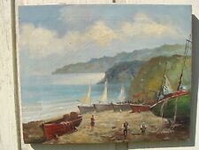 Vintage Painting of Fishermen on Beach with Sail Boats Signed Hanna 16 X 20 inch