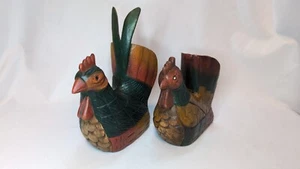 Vintage Wooden Rooster & Hen Hand Carved Painted Chickens Country Farmhouse  - Picture 1 of 22