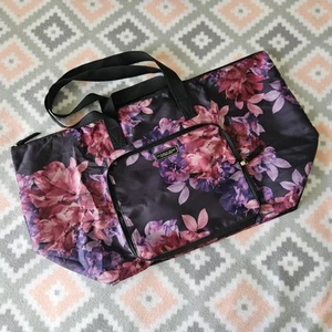 Victoria's Secret Large Weekender Tote Black Floral Compact Fold Up EUC - Picture 1 of 10