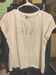 New Calvin Klein Ladies Size M Stretch White W/ Gold Logo ShortSleeve T-Shirt - Picture 1 of 6