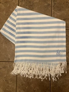 Victoria's Secret Beach Blanket Monogram Fringe Blue White Striped 34"x64" Throw - Picture 1 of 8
