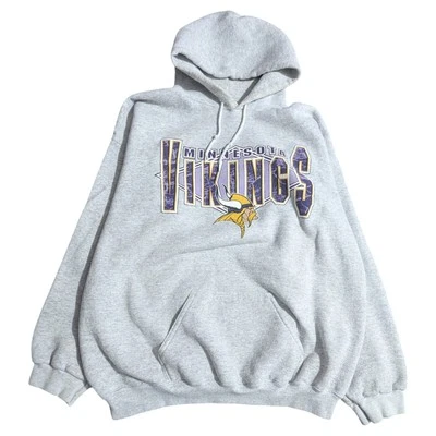 👀 Vintage 90s Logo 7 Minnesota Vikings Heavy Hoodie Graphic Sweatshirt 2XL Gray - Image 1 of 4