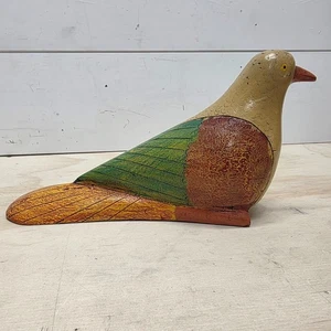 Vintage Beautiful Wood Carved Dove With Colors Of Yellow Green Brown 9" - Picture 1 of 11
