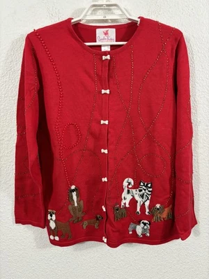 Quacker Factory Sweater Cardigan Womens Medium Red Beaded Dog Bone Buttons - Image 1 of 4