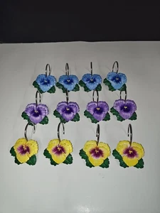 Pansies Resin Bathroom Shower Curtain Hooks Set Colorful Botanical Flowers Decor - Picture 1 of 9