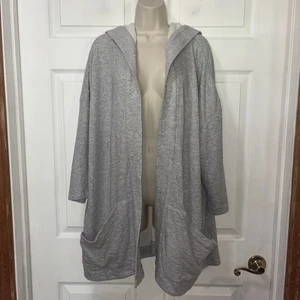 Eileen Fisher Grey Hooded Jacket L XL Open 3/4 Sleeve Pockets Organic Cotton - Picture 1 of 11