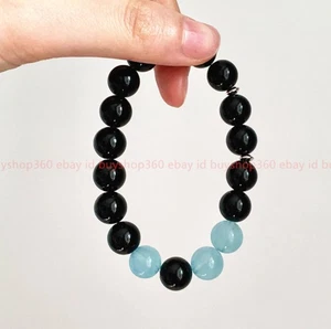 Fashion Natural 10mm Black Obsidian Blue Jade Gems Reiki Healing Bracelet 7.5in - Picture 1 of 12